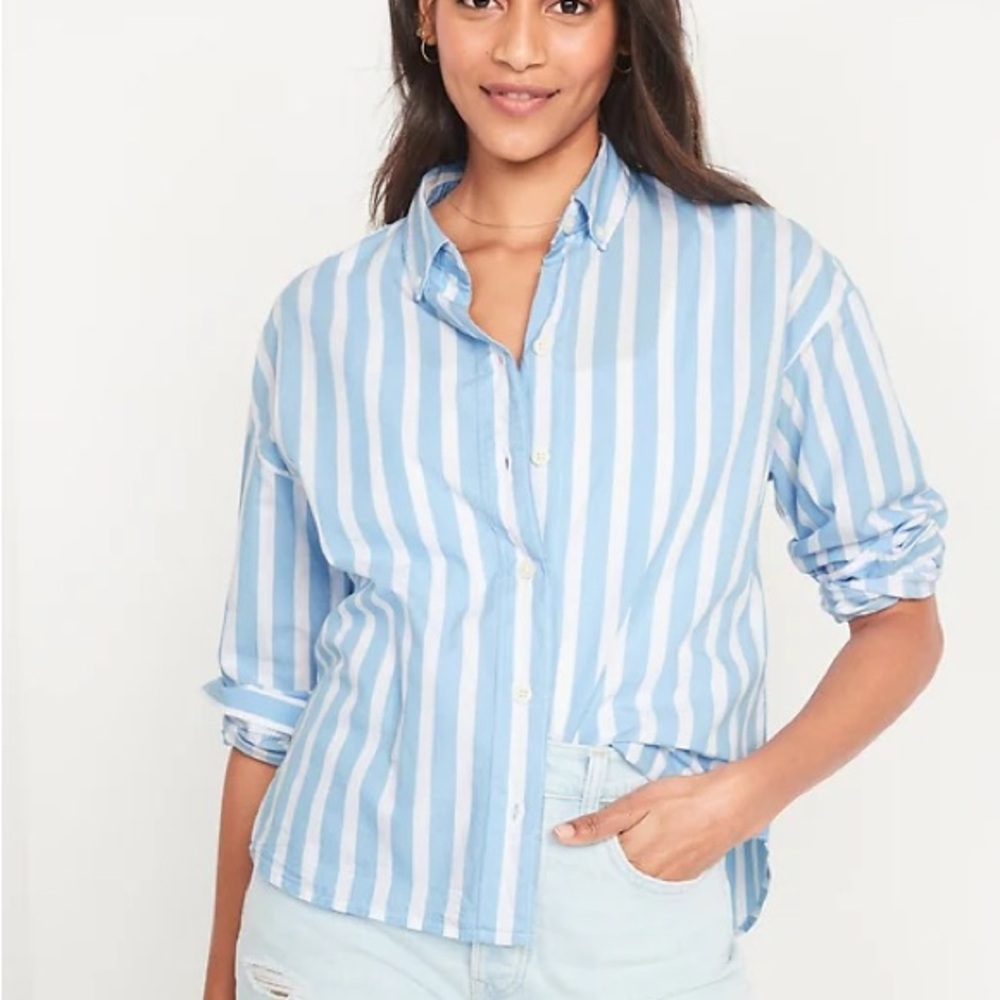 Old Navy The Boyfriend Shirt - Light Blue/White - 100% Cotton